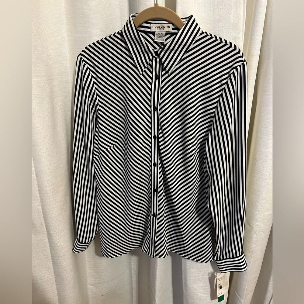 Notations Black & White Striped Blouse NWT